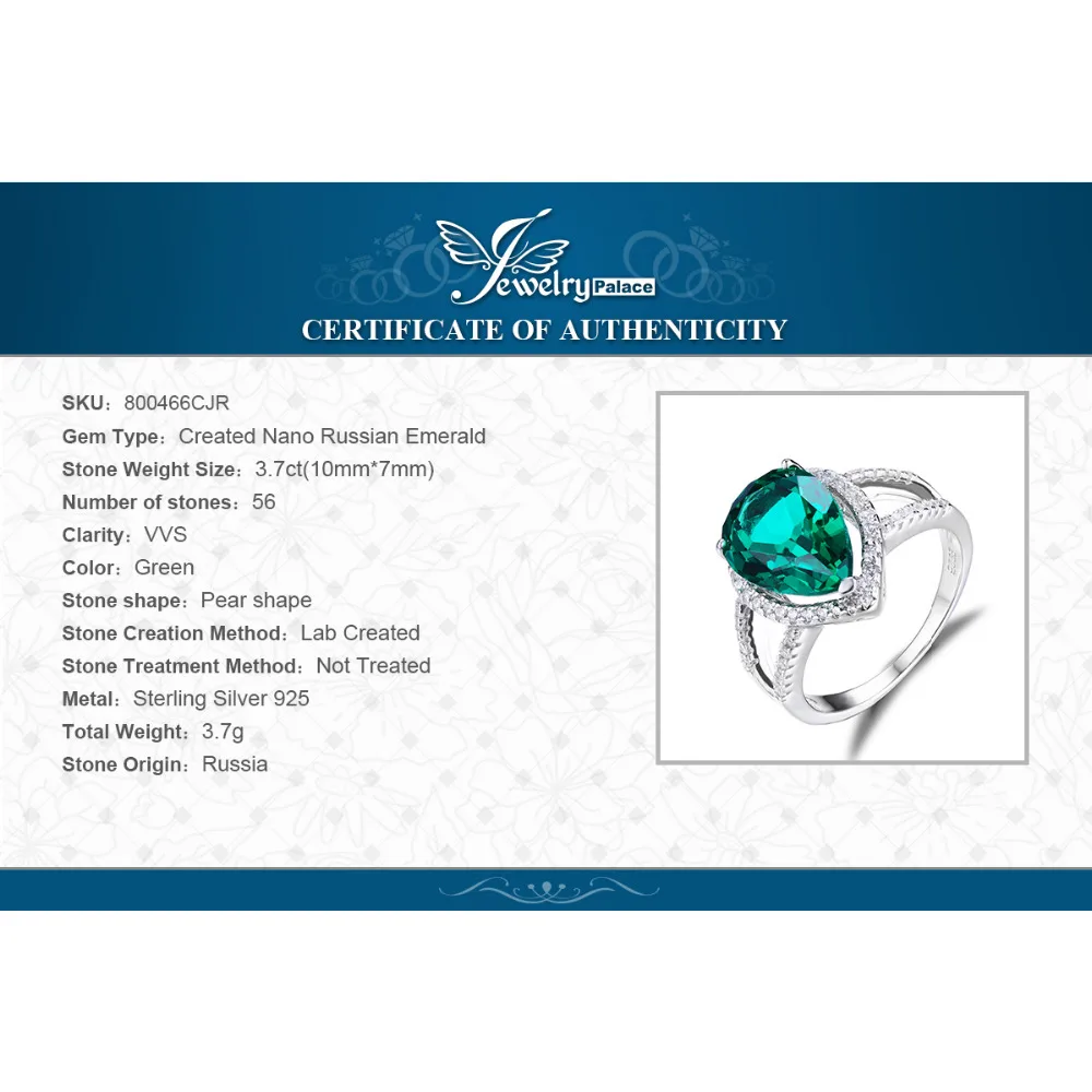 JewelryPalace Pear 3.7ct Created Emerald Rings Soild 925 Sterling Silver Fashion Female Jewelry Fabulous Gift