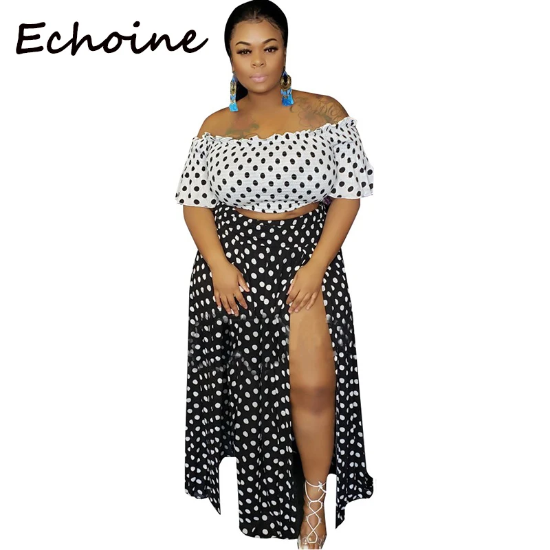 

Echoine Sexy Plus Size L-4XL Two Piece Set Women Polka Dots Off Shoulder Crop Top+ Split Long Dress Women Summer Beach Cloth