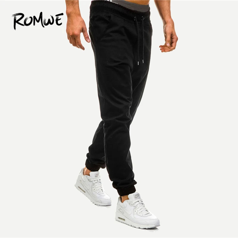 ROMWE Men Drawstring Waist Solid Pants Black Cozy Pockets Long Pants 2019 Spring Autumn Comfort Mid 2