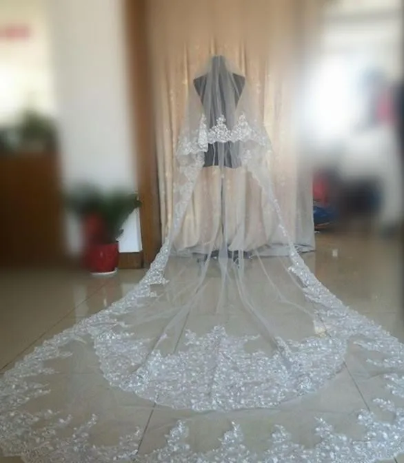 

Real Image Two Layer Bridal Veils Romantic Cathedral Length Wedding Veils With Lace Applique White Ivory Veils Custom Made