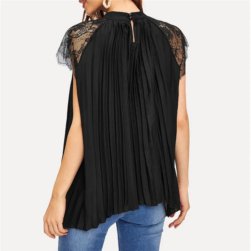 Women Clothes Summer O-Neck Lace stitching pleated loose chiffon Shirt Top Daily Fashion Casual Ladies Tops #4M19 (4)