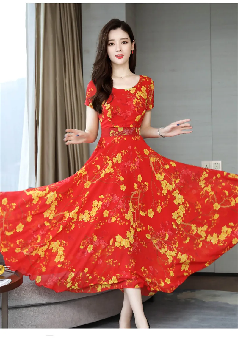 SexeMara Bohemian Style O-Neck Short-Sleeved Printed Temperament Waist Chiffon Long Large Dress 2019 Summer New Style (14)