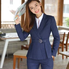 Высококачественные Женские блейзеры и куртки в синюю полоску, Женская рабочая одежда, деловая одежда, Женская Офисная форма, дизайн