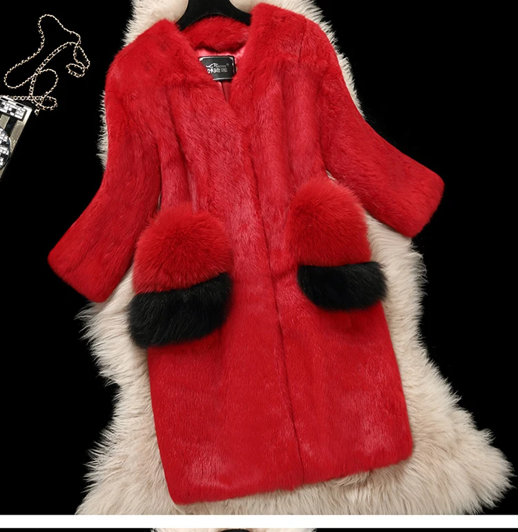 

Real genuine natural full pelt rabbit fur coat women fashion jacket with fox fur pocket ladies overcoat outwear
