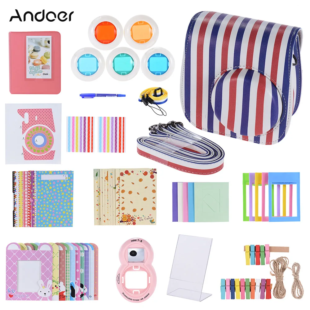 Andoer 14 in 1 Accessories Kit Camera Bag for Fujifilm Instax Mini 8/8+/8s w/ Camera Case/Strap/Sticker/Selfie Lens Video Bag