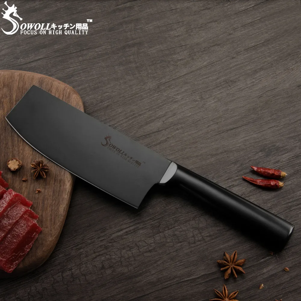 SOWOLL разделочный нож Santoku Nakiri, набор кухонных ножей из нержавеющей стали 3Cr13 с черным лезвием, кухонные принадлежности