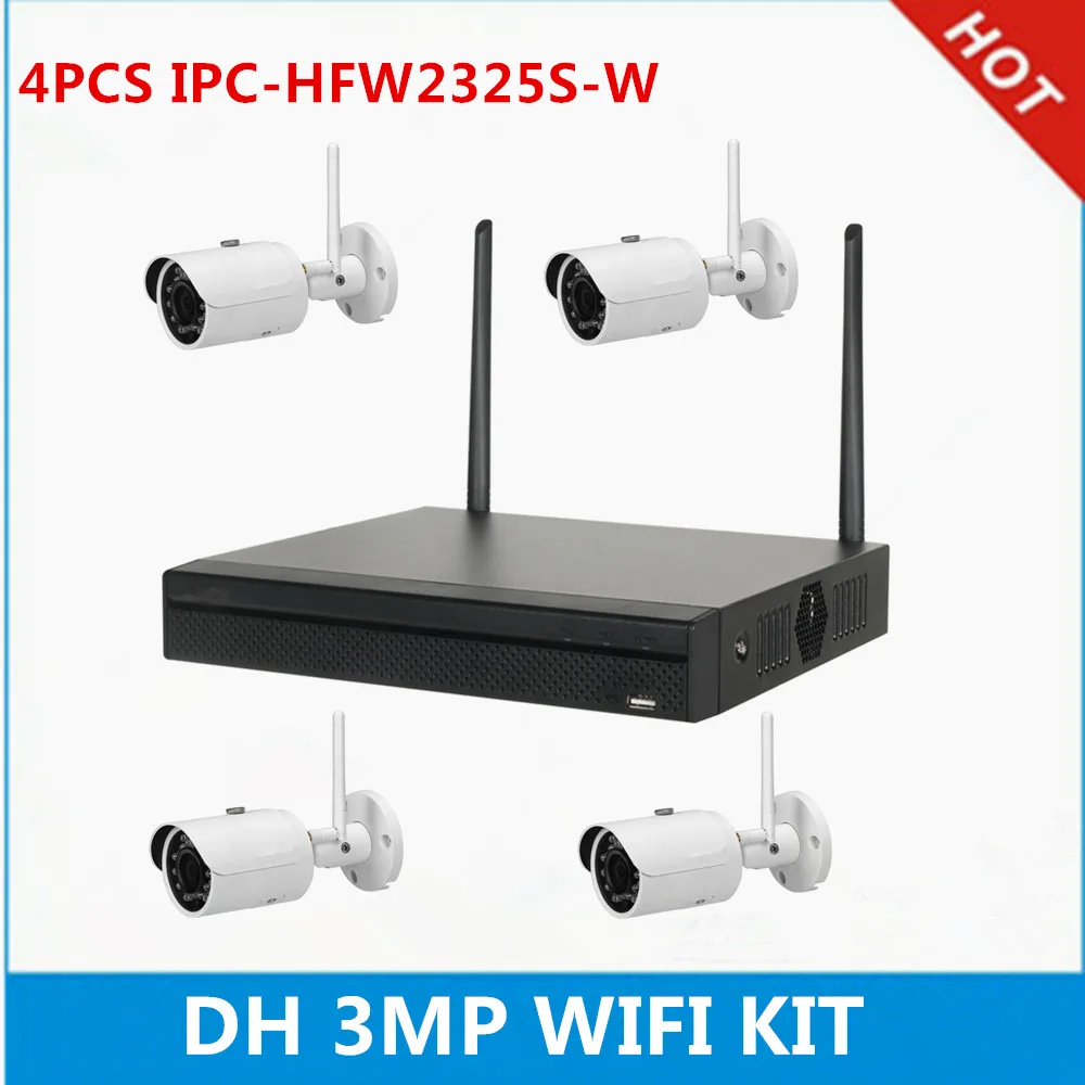 Dahua 3MP Пушечная камера Wi-Fi комплект: 4-канальный wifi NVR2104HS-W-4KS2 и 4 шт 3MP wifi наружная ip-камера IPC-HFW2325S-W