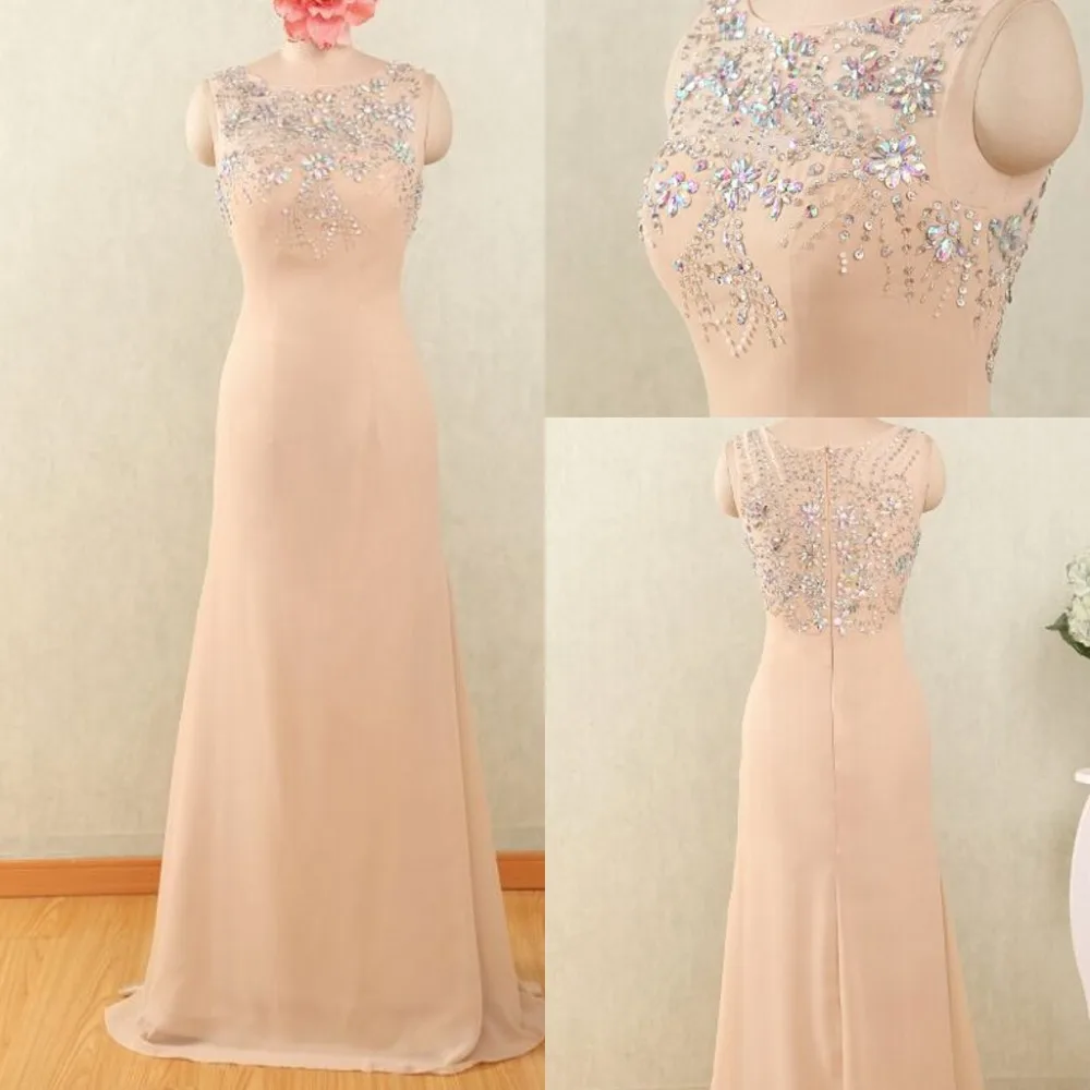 A-Line Champagne 2017 Hot Sale O-Neck Long Chiffon Prom Dresses With Crystal Beads Plus Size Party Dress Custom Made | Свадьбы и