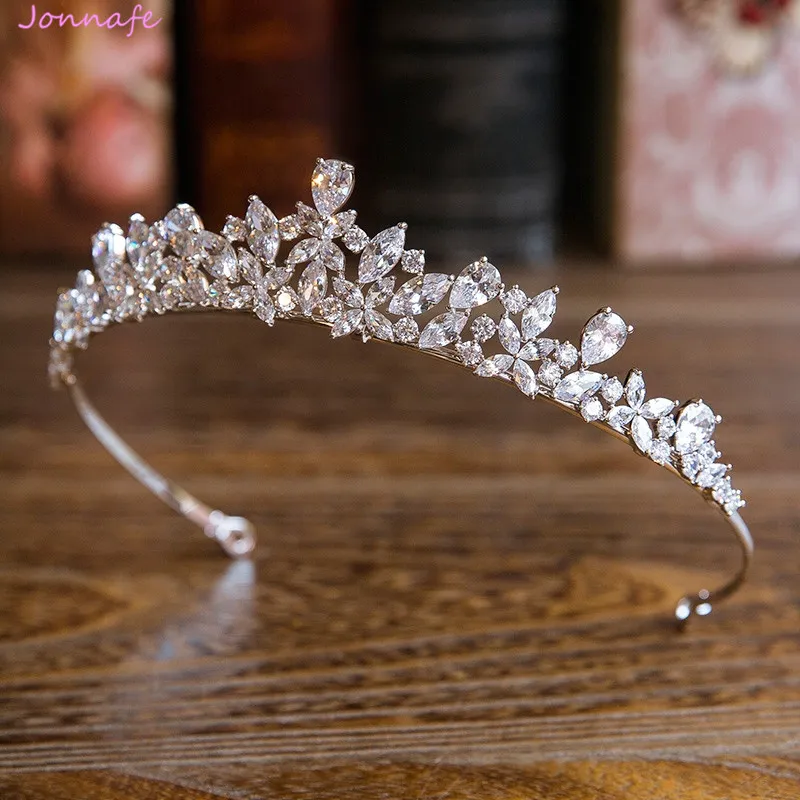 Jonnafe brilho prata cor feminino baile tiara hairband zircon nupcial coroa de cabelo ornamentos
