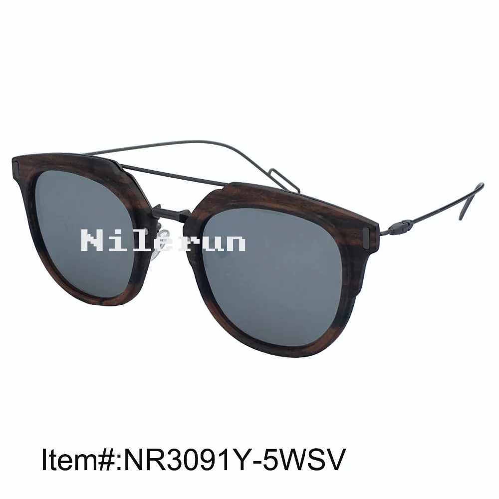

Luxury brand matt gray metal temples double metal nose bridges huge round mirror silver lens ebony wood sunglasses