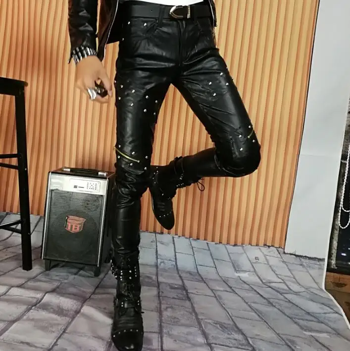 2018 autumn winter personality fashion rivet motorcycle leather pants mens feet pants pu