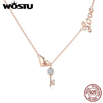 

WOSTU Real 925 Sterling Silver & Gold Color The Key Of Heart Pendant Necklace For Women Wife Lover Jewelry Gift CQN292