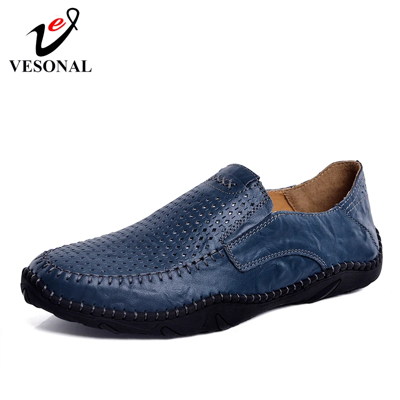 

VESONAL Summer Slip-On Comfortable Hole Genuine Leather Soft Men Shoes Loafers Male Moccasins Flats Casual Boat Driver Driving