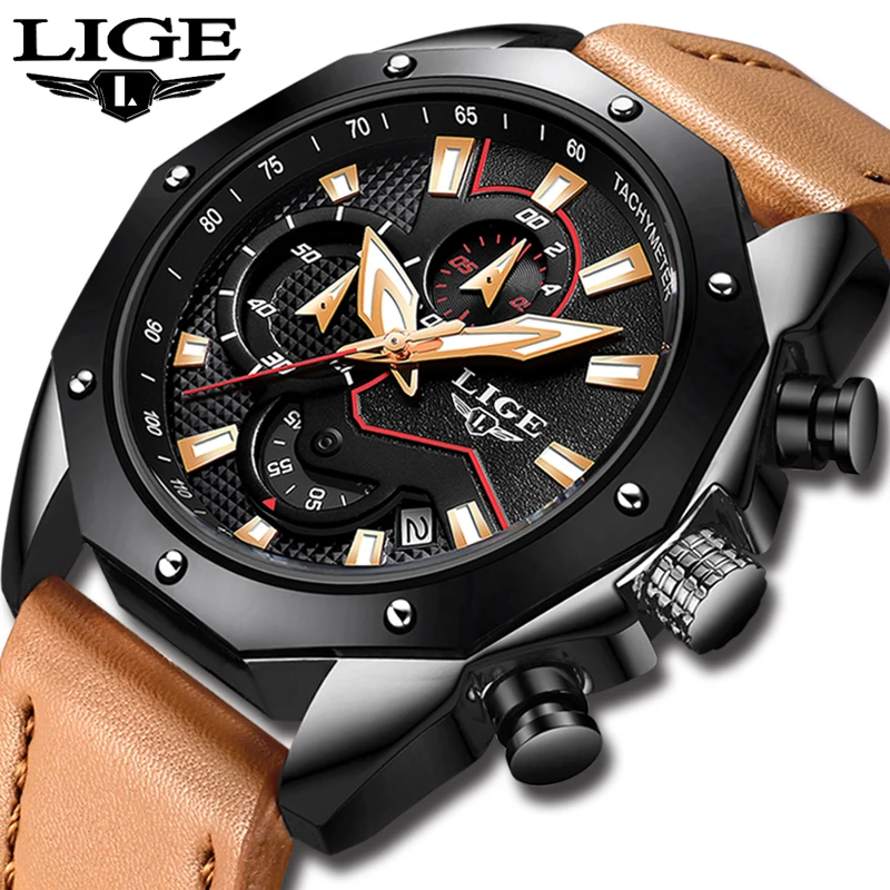

LIGE Mens Watches Top Brand Luxury Men's Military Sports Watch Men Leather Waterproof Quartz Gold Watch Relogio Masculino