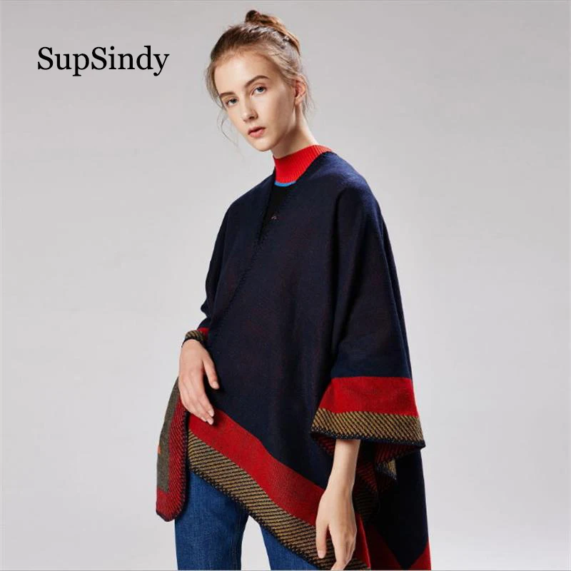 SupSindy women's poncho Winter scarf women cape Red Stripe shawl wrap luxury pashmina warm scarves for women cloak vintage stole