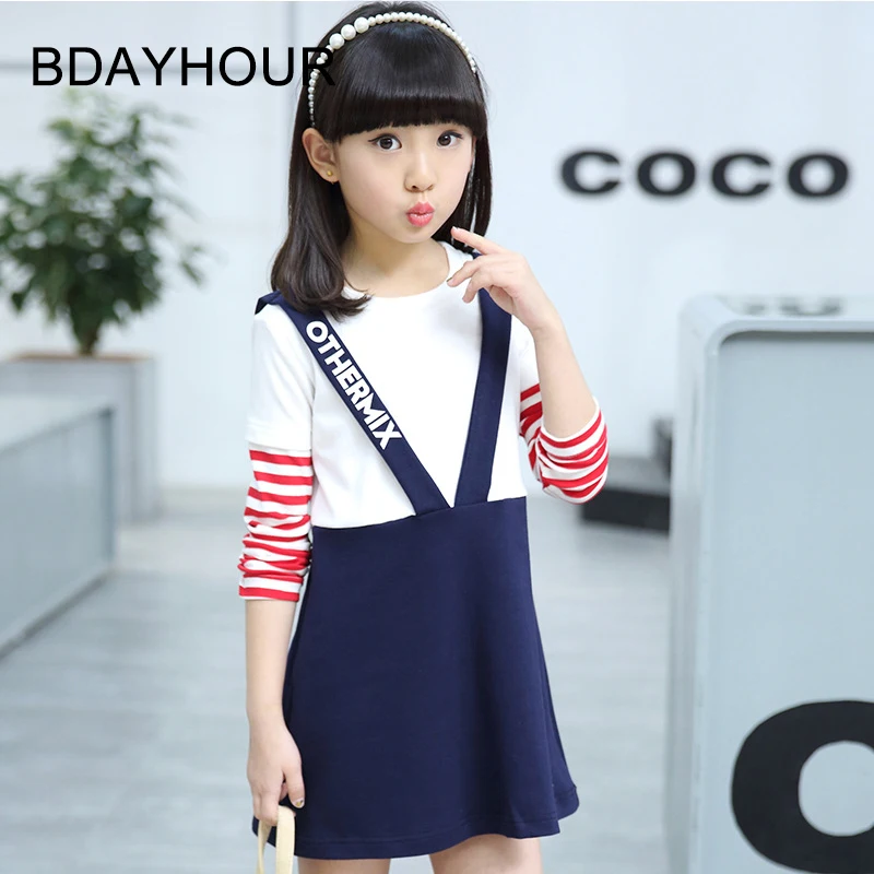 

Children'S Dress2017Spring New Korean Version Striped Long-Sleeved Round Neck Big Girls Fake Two Pieces Straight Strapless Dress