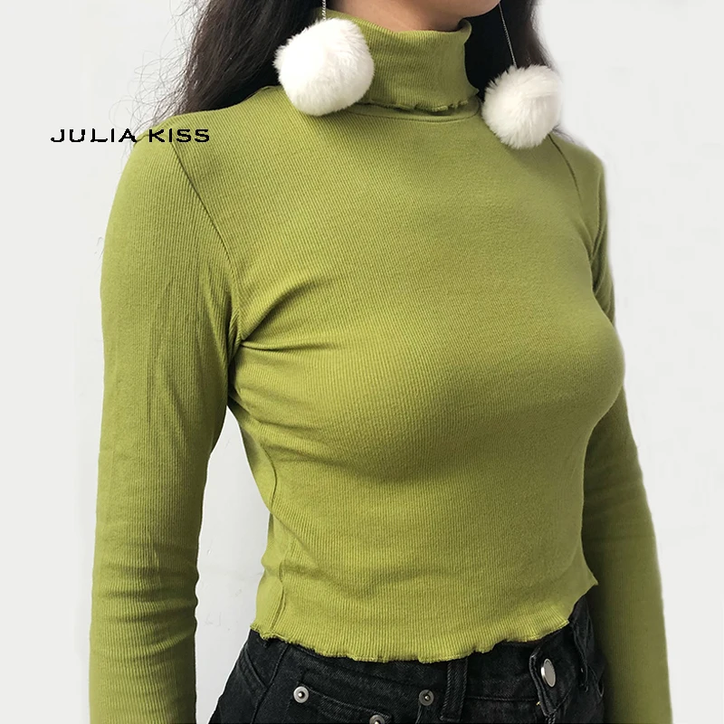

Women Turtleneck Long Sleeve Ruffle Trimming Slim Fit T-Shirt Top
