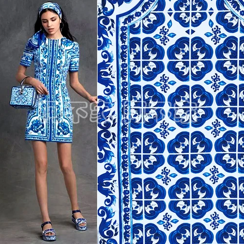 

1pc 95*145cm Dress Fabric Jacquard Blue And White Porcelain Fabric Flower Lining
