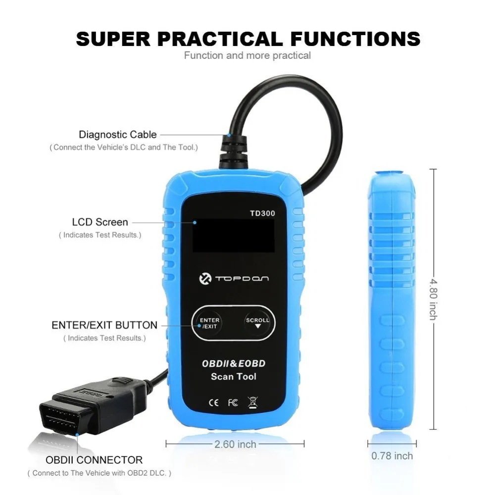 TOPDON TD300 OBD2 сканер автомобильный считыватель кодов для проверки двигателя светильник выключения I/M мониторинг состояния готовности