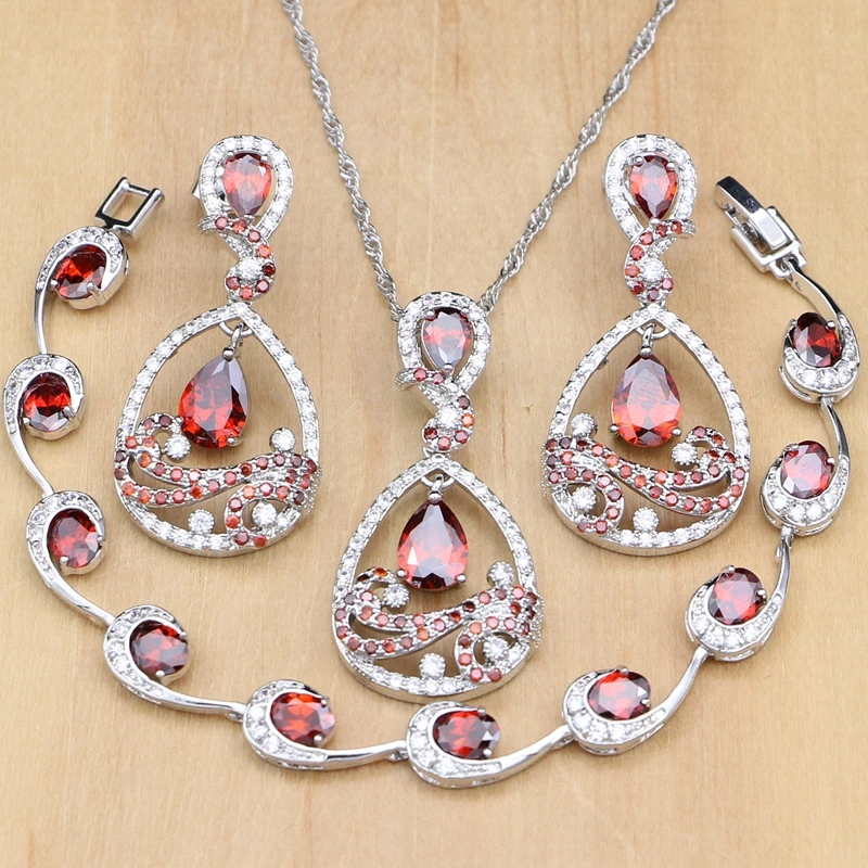 Peacock 925 Silver Jewelry Sets Red Zircon White Stone For Women Party Earrings/Pendant/Rings/Bracelet/Necklace Set | Украшения и