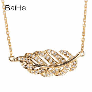 شراءBAIHE الصلبة 18K الذهب الأصفر 0.12ct H/SI الماس الطبيعي المرأة العصرية الجميلة مجوهرات جميلة ريشة الماس هدية القلائد