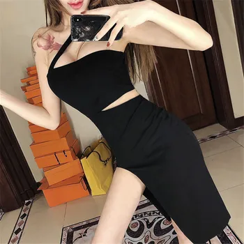 

New sexy nightclub slim slimming waist tube top dress 2019 fashion temperament retro hanging neck split bag hip irregular dress