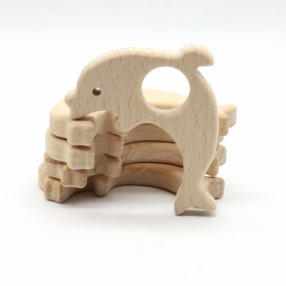 

Animal Figures Dolphin Beech Handicraft 10pcs Direct Selling Baby Gym Gift Wooden Teether Diy Wood Ring Teething Toy Maman