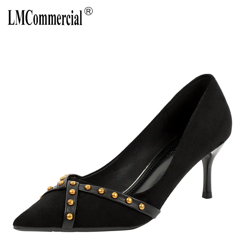 

Rivet color matching hollow working suede pointed high heel shoes with thin heel shallow mouth single shoe spring women's shoes