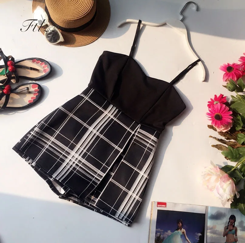 

2018 New Summer Jumpsuits Women Slim Sexy Spaghetti Plaid Shorts Beach Boho Style Playsuits Woman Romper