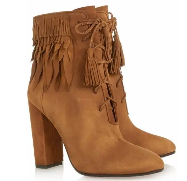 

Spring and fall new woman brownish yellow/brown lace-up high heel round toe ankle boots Ladies fringe chunky heel short boots