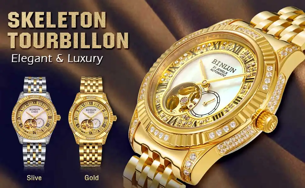 BINLUN 18K Gold Luxury Automatic Watch Skeleton Movement Watch Men's Sapphire Crystal Diamond Automatic Business Men's Watches