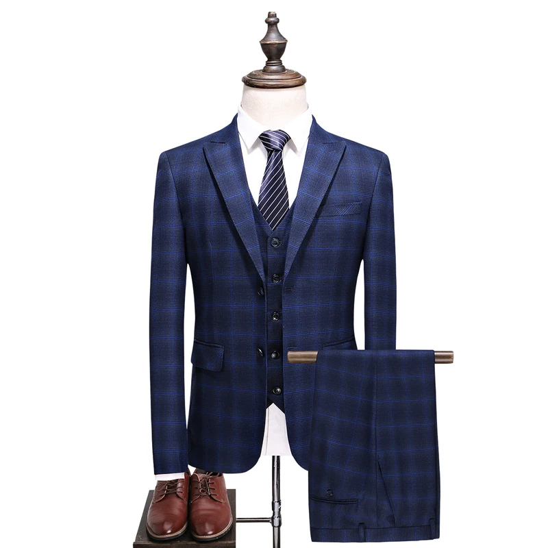 2018 Autumn New 3 Piece Men Blue Plaid Suit Business Slim fit Dress ...