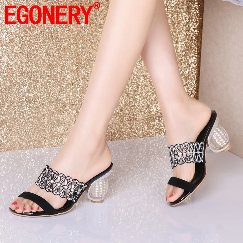 

EGONERY woman shoes 2019 summer new fashion sexy crystal handmade genuine leather woman slippers outside high heels ladies shoes