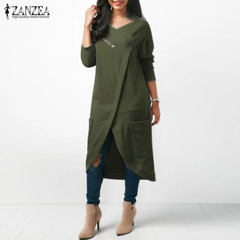  ZANZEA 2019 Asymmetrical Hoodies Dress Women's Sweatshirts Autumn Casual Long Sleeve Pullovers Zipp