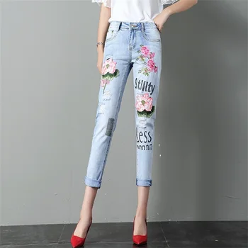 

high quality Women's New Embroidery Lotus Jeans Slim Print Jeans Female Pencil Denim Pants Pantalon Femme