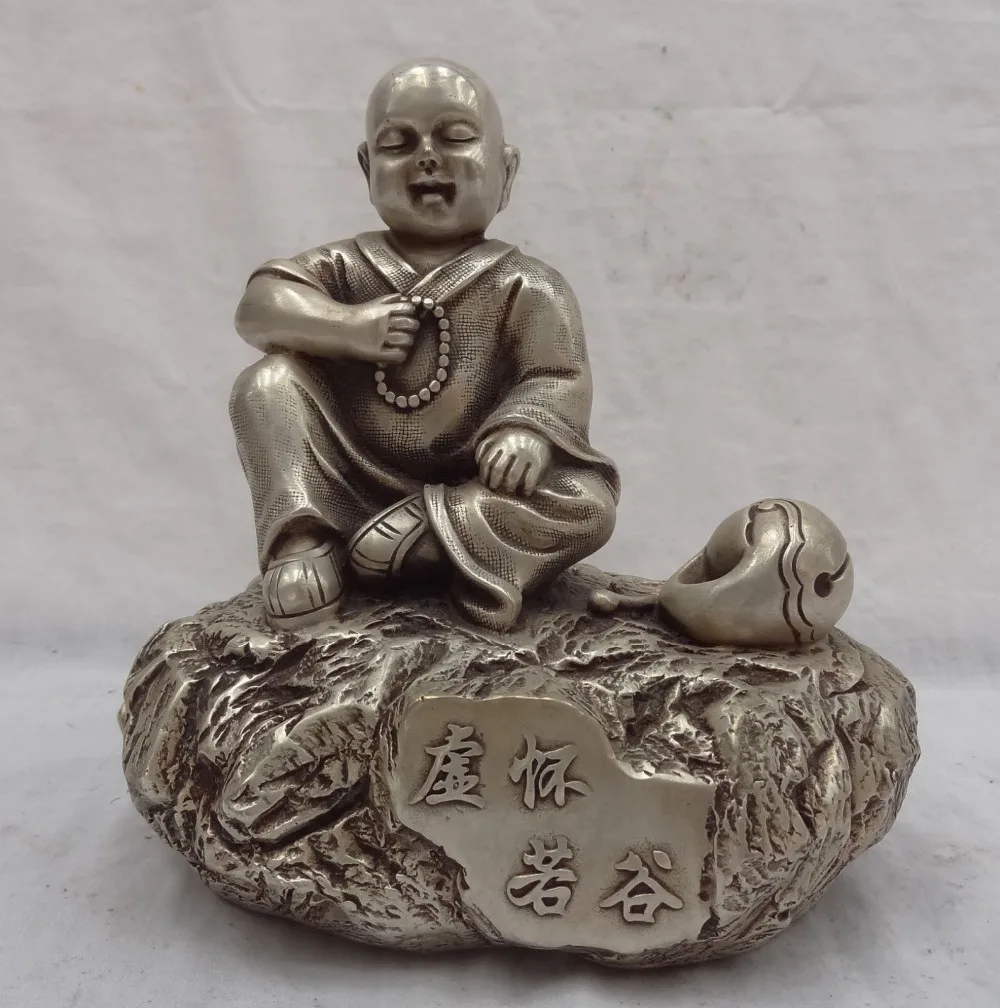 

8" Chinese Silver Buddhist Young Bonze Prayer Monk Buddha Temple Blocks Statue
