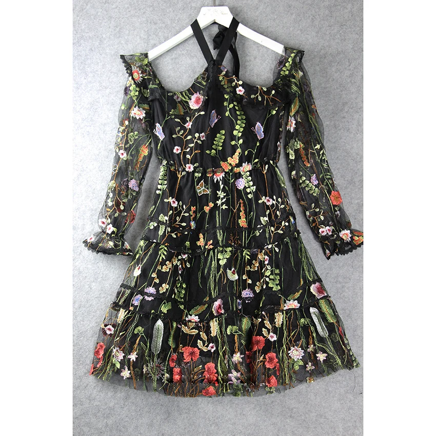 

HIGH QUALITY Newest 2019 Designer Dress Runway Dress Women's Halter Neck Stunning Embroidery Gauze Dress
