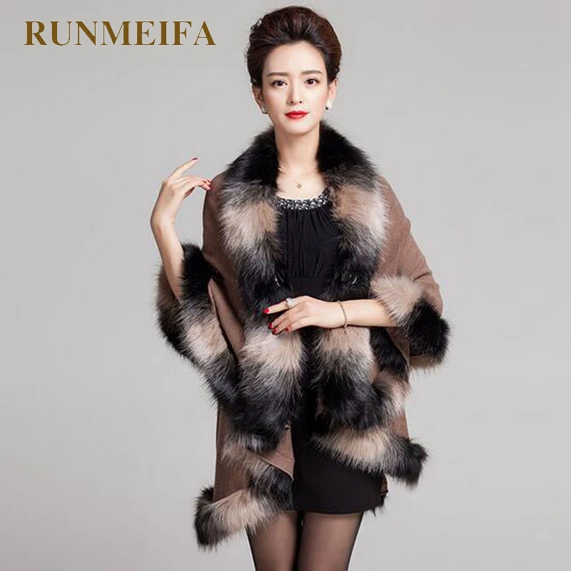 

[RUNMEIFA] Autumn Winter Women's Long Cardigans Fake Fox Fur Collar Shawl Knitted Cardigan Poncho Cape best shawl for keep warm