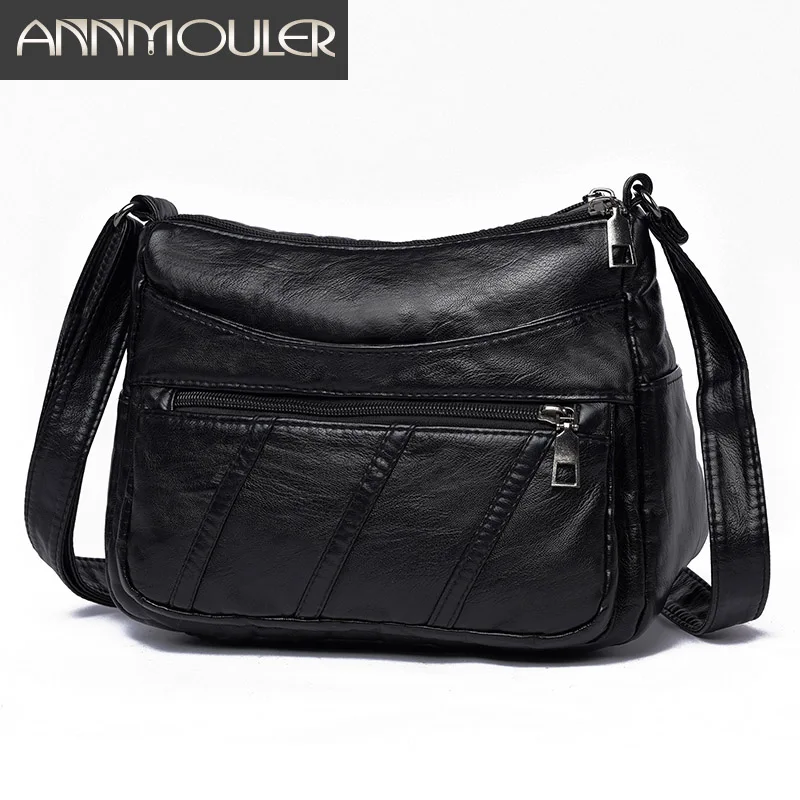 

Annmouler Small Women Shoulder Bag Black Pu Leather Crossbody Bag Multi-pockets Soft Messenger Bag Ladies Fashion Handbag Purse
