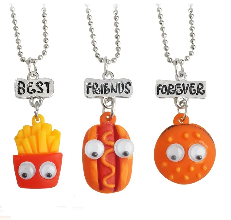 

Best Friends Jewelry Resin Burger Hot Dog Active Eyes BFF Good Friend Necklace Three-pieces Necklace