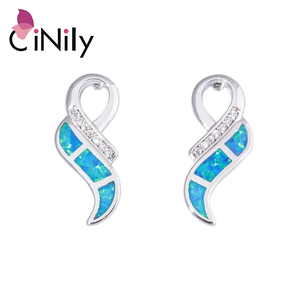 

CiNily Long Fire Opal Stone Big Stud Earrings Blue White Silver Plated Full Clear White Zircon CZ Crystal Leaves Oval Jewelry