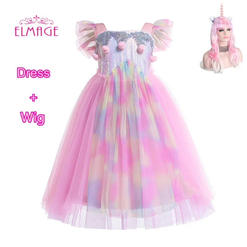 Розовое платье принцессы для девочек для костюмированной вечеринки с единорогом; карнавальный костюм на день рождения Ариэль; Костюм Русалки для косплея; Одежда для девочек - Цвет: unicorn-wig