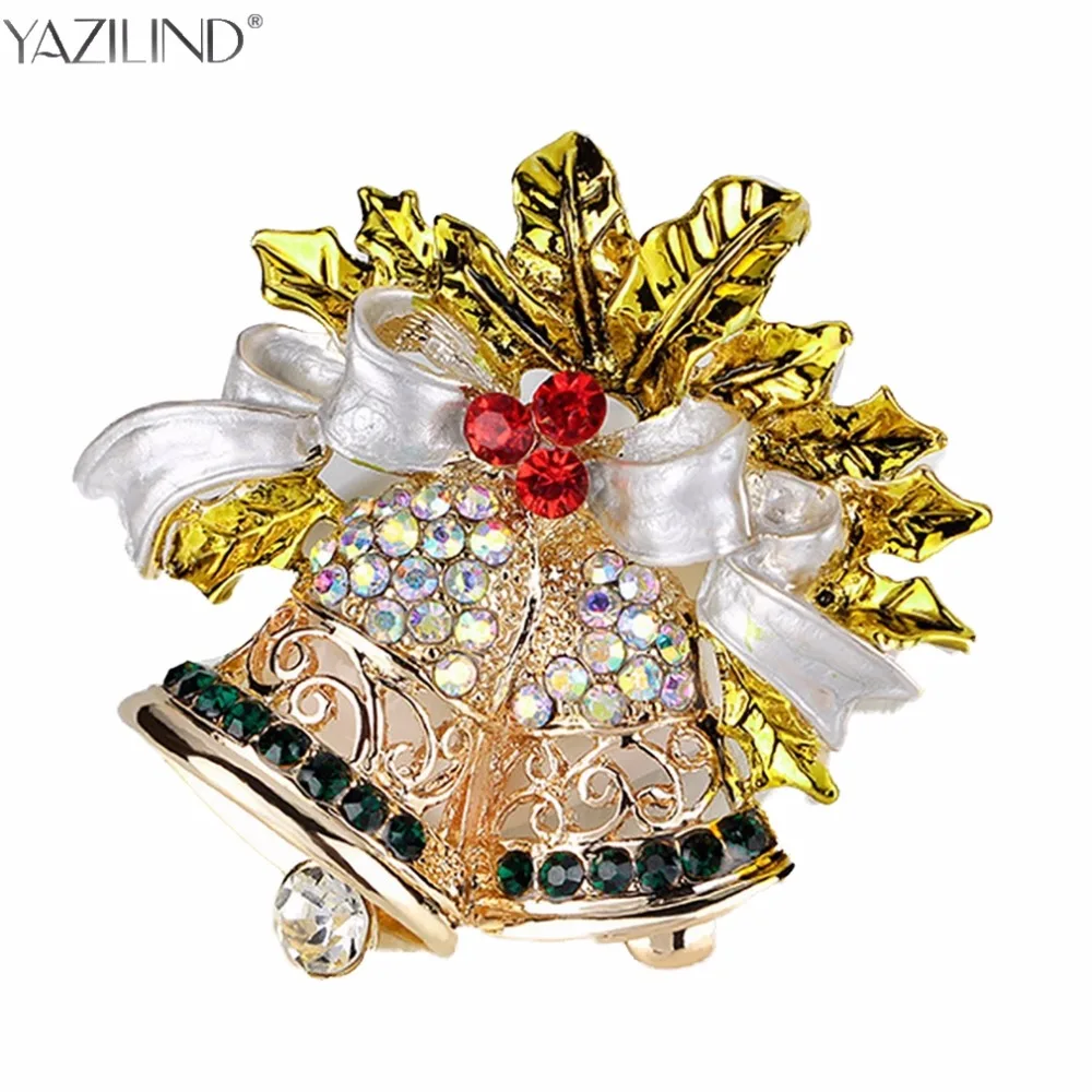Fashion Rhinestone Christmas Bells Brooch Pins for Women Christmas