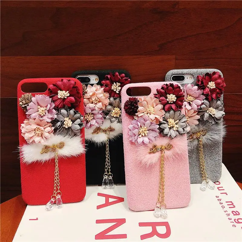 

Glitter Pendant Phone Case For iPhone X XS Max XR 6 6S Plus Flower Rhinestone Fur Case For iPhone 7 8 Plus Luxury Bag Girly Capa