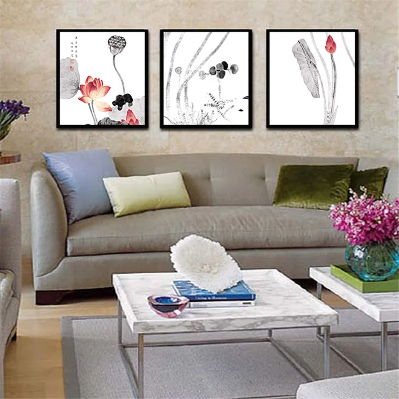 YongHe Unframed Canvas Spray Oil Painting Traditional Chinese Lotus Pond Ink Poetic Landscape Home Decoration | Дом и сад