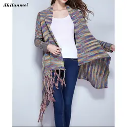 Разноцветное Полосатое стильное кимоно для женщин женский свободный свитер с бахромой Верхняя одежда Повседневная трикотажная Свободная