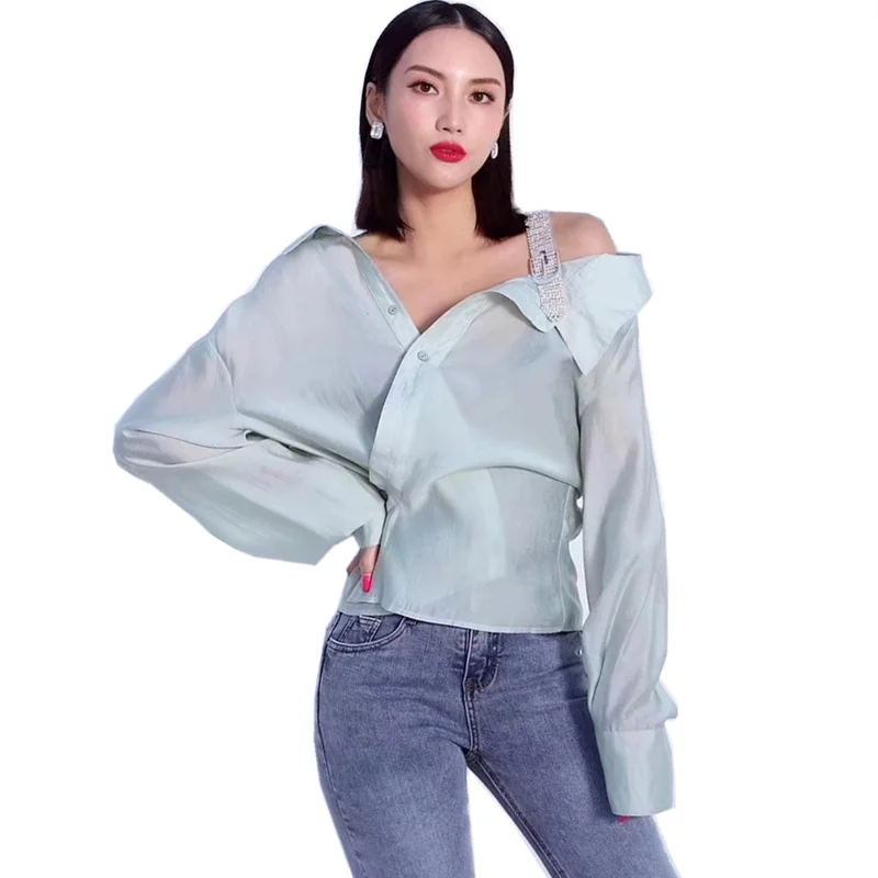 

Off the shoulder tops for women spring summer fashion diamond-encrusted strap irregular design slim long sleeve shirts casual