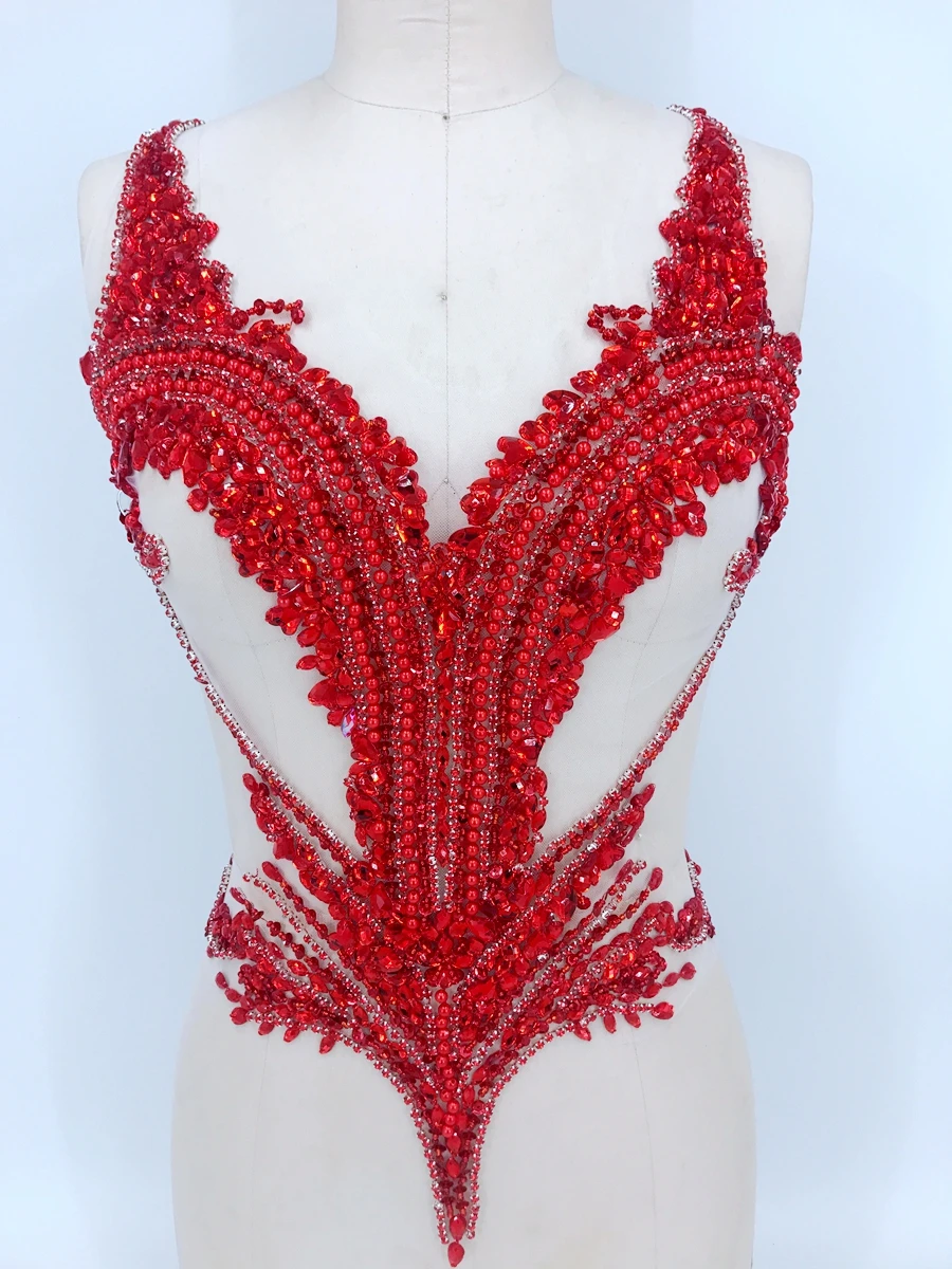 

handmade red sew on rhinestones applique on mesh crystals trim patches 56*44cm for dress DIY accessories