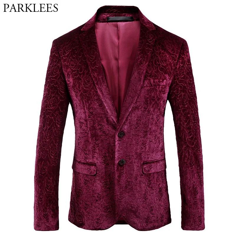 

Wine Red Rose Jacquard Velvet Blazer Men 2018 Brand New Single Breasted Two Button Suit Blazer Jacket Men Wedding Groom Blazers