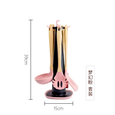Силиконовые+ деревянные столовые приборы без краски из цельного дерева анти ожоги суп фруктовый древесный материал кухонная утварь все-в-одном высокая температура - Цвет: PinkSet